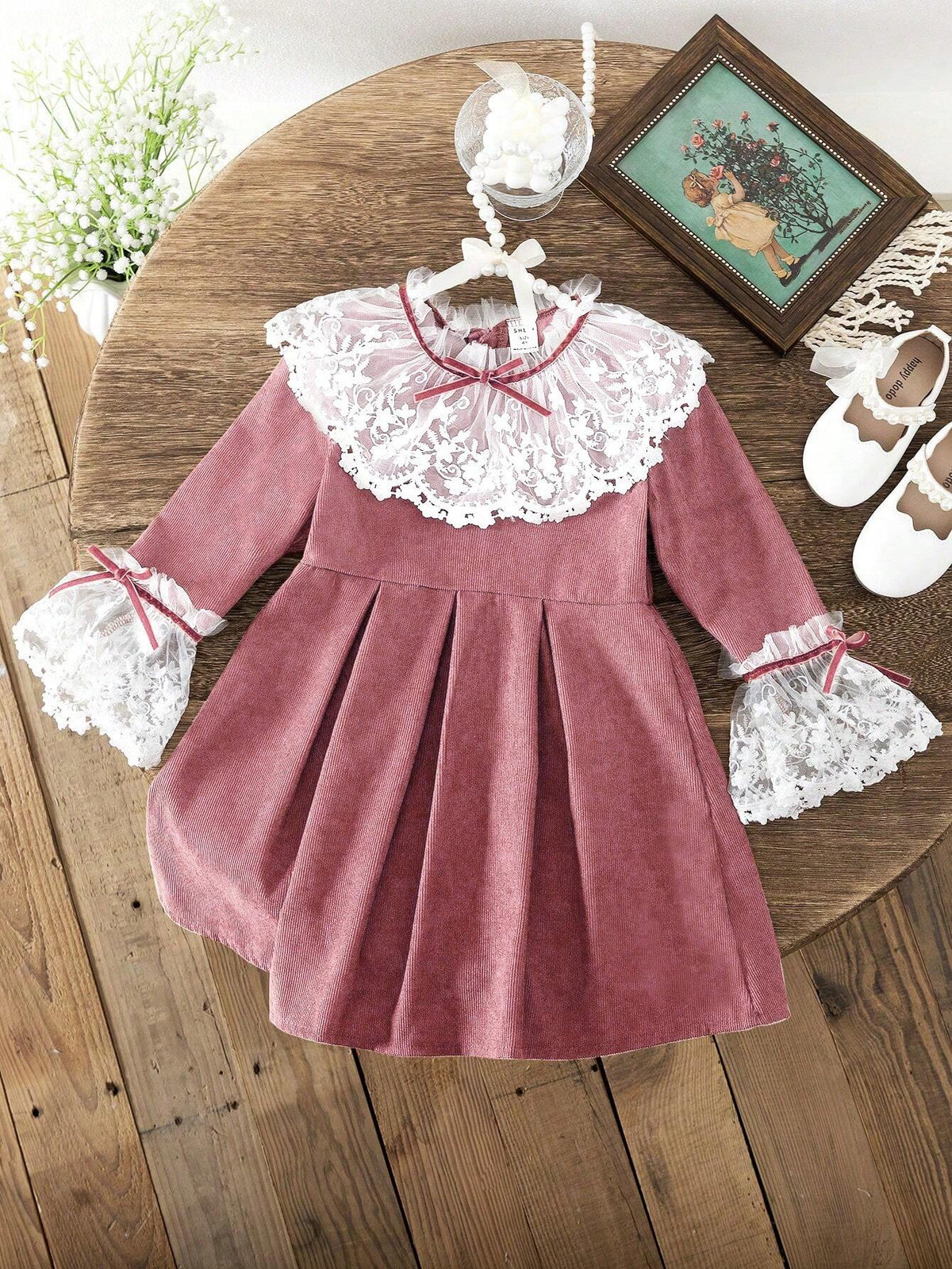 2024 Girls Autumn/Winter Frill Cuff Neck Corduroy Pleated Retro Sweet Long Sleeve Dress, Korean/Japanese Fashion