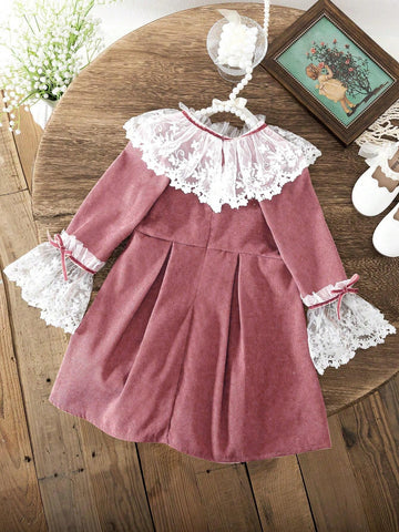 2024 Girls Autumn/Winter Frill Cuff Neck Corduroy Pleated Retro Sweet Long Sleeve Dress, Korean/Japanese Fashion