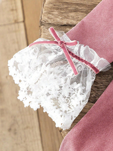 2024 Girls Autumn/Winter Frill Cuff Neck Corduroy Pleated Retro Sweet Long Sleeve Dress, Korean/Japanese Fashion