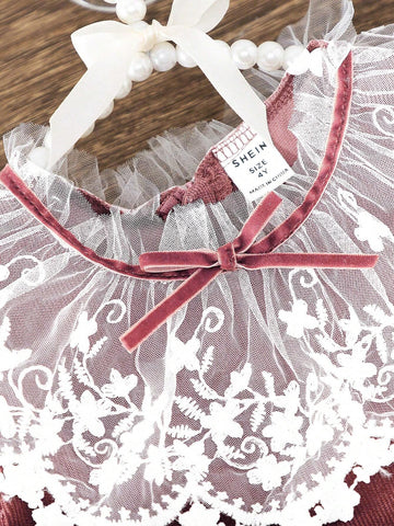 2024 Girls Autumn/Winter Frill Cuff Neck Corduroy Pleated Retro Sweet Long Sleeve Dress, Korean/Japanese Fashion