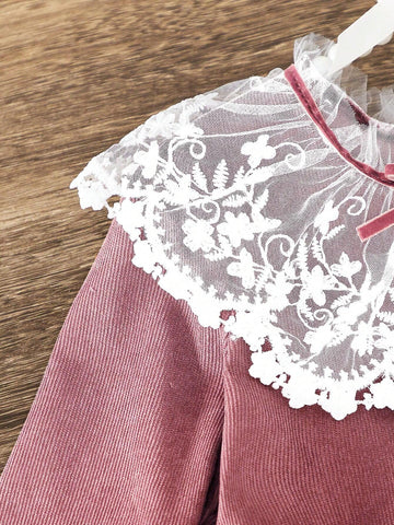 2024 Girls Autumn/Winter Frill Cuff Neck Corduroy Pleated Retro Sweet Long Sleeve Dress, Korean/Japanese Fashion