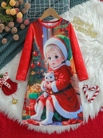 2024 Girls Cartoon Christmas Graphic Print Long Sleeve Dress, Young Girl Casual Spring/Autumn Outfit