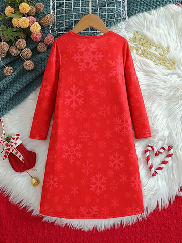 2024 Girls Cartoon Christmas Graphic Print Long Sleeve Dress, Young Girl Casual Spring/Autumn Outfit