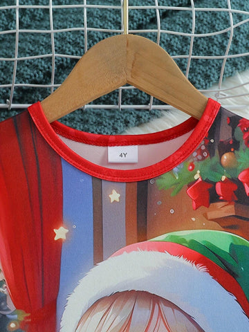 2024 Girls Cartoon Christmas Graphic Print Long Sleeve Dress, Young Girl Casual Spring/Autumn Outfit