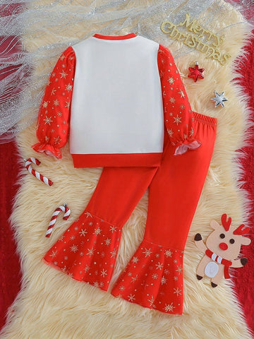 2024 Girls Christmas Reindeer Cartoon Print Sweatshirt & Flared Pants 2pcs Set