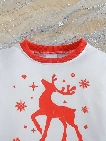 2024 Girls Christmas Reindeer Cartoon Print Sweatshirt & Flared Pants 2pcs Set