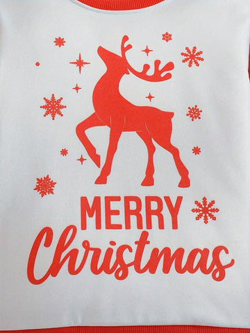 2024 Girls Christmas Reindeer Cartoon Print Sweatshirt & Flared Pants 2pcs Set