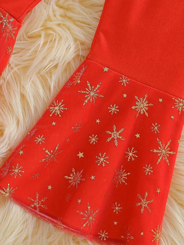 2024 Girls Christmas Reindeer Cartoon Print Sweatshirt & Flared Pants 2pcs Set