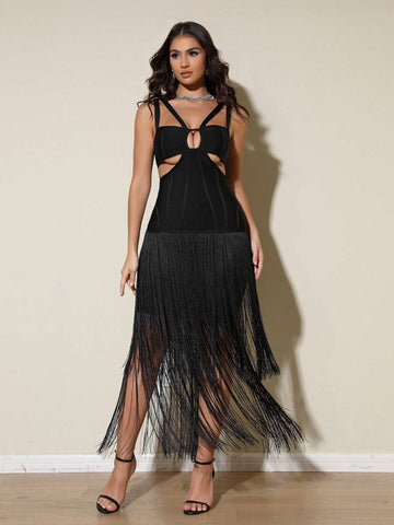 2024 Ladies New Fashion Design Suspender Sexy Black Tassel Banquet Cocktail Party Club Bandage Dress