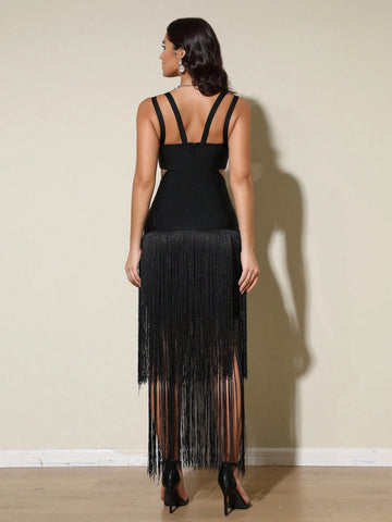 2024 Ladies New Fashion Design Suspender Sexy Black Tassel Banquet Cocktail Party Club Bandage Dress