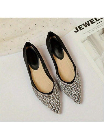 2024 Model Women Fashion Pointy Toe Korean Style Classic Trendy Versatile Low Heel Rhinestone & Pearl Decor