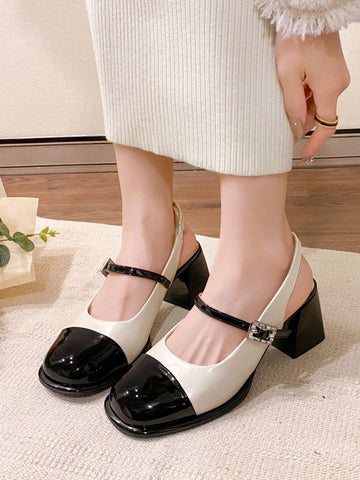 2024 New Black And White Block Heel Peep Toe Mary Jane Sandals For Women