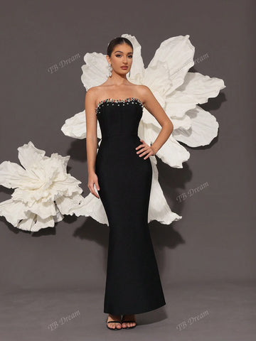 2024 New Black Bandage Dress, Handmade Beaded Colorful Glass Embellished Sexy Bodycon Strapless Evening Gown, Elegant Celebrity Party Cocktail Dress