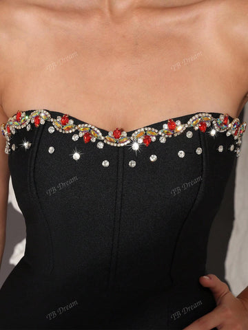 2024 New Black Bandage Dress, Handmade Beaded Colorful Glass Embellished Sexy Bodycon Strapless Evening Gown, Elegant Celebrity Party Cocktail Dress