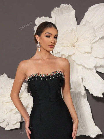 2024 New Black Bandage Dress, Handmade Beaded Colorful Glass Embellished Sexy Bodycon Strapless Evening Gown, Elegant Celebrity Party Cocktail Dress