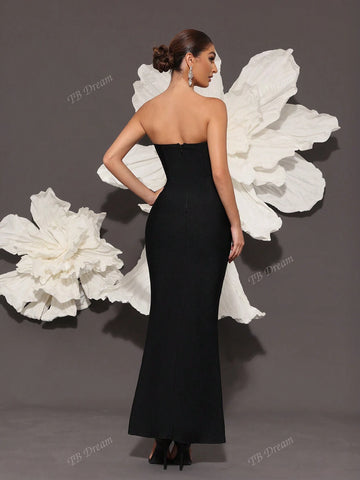 2024 New Black Bandage Dress, Handmade Beaded Colorful Glass Embellished Sexy Bodycon Strapless Evening Gown, Elegant Celebrity Party Cocktail Dress