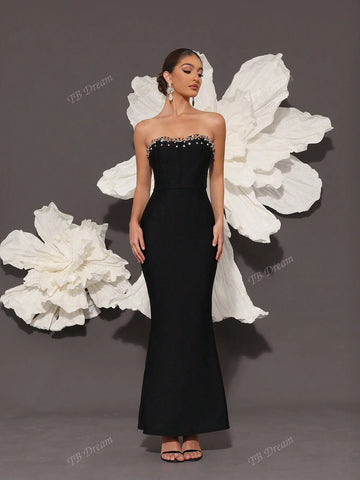 2024 New Black Bandage Dress, Handmade Beaded Colorful Glass Embellished Sexy Bodycon Strapless Evening Gown, Elegant Celebrity Party Cocktail Dress