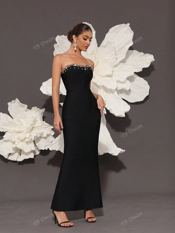 2024 New Black Bandage Dress, Handmade Beaded Colorful Glass Embellished Sexy Bodycon Strapless Evening Gown, Elegant Celebrity Party Cocktail Dress