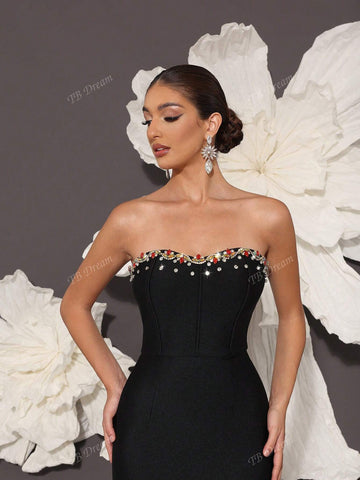 2024 New Black Bandage Dress, Handmade Beaded Colorful Glass Embellished Sexy Bodycon Strapless Evening Gown, Elegant Celebrity Party Cocktail Dress