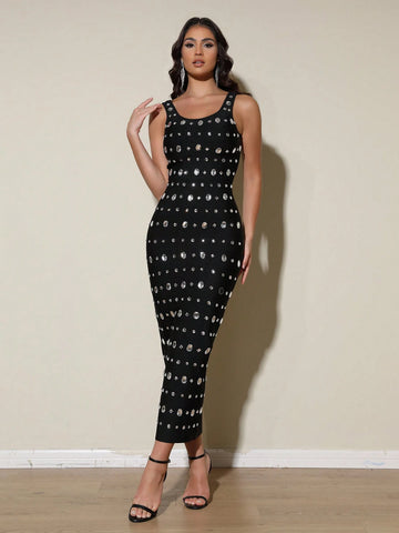 2024 New Design Handmade Rhinestone Acrylic Spaghetti Strap Split Hem Formal Party Cocktail Gown, Celebrity Style