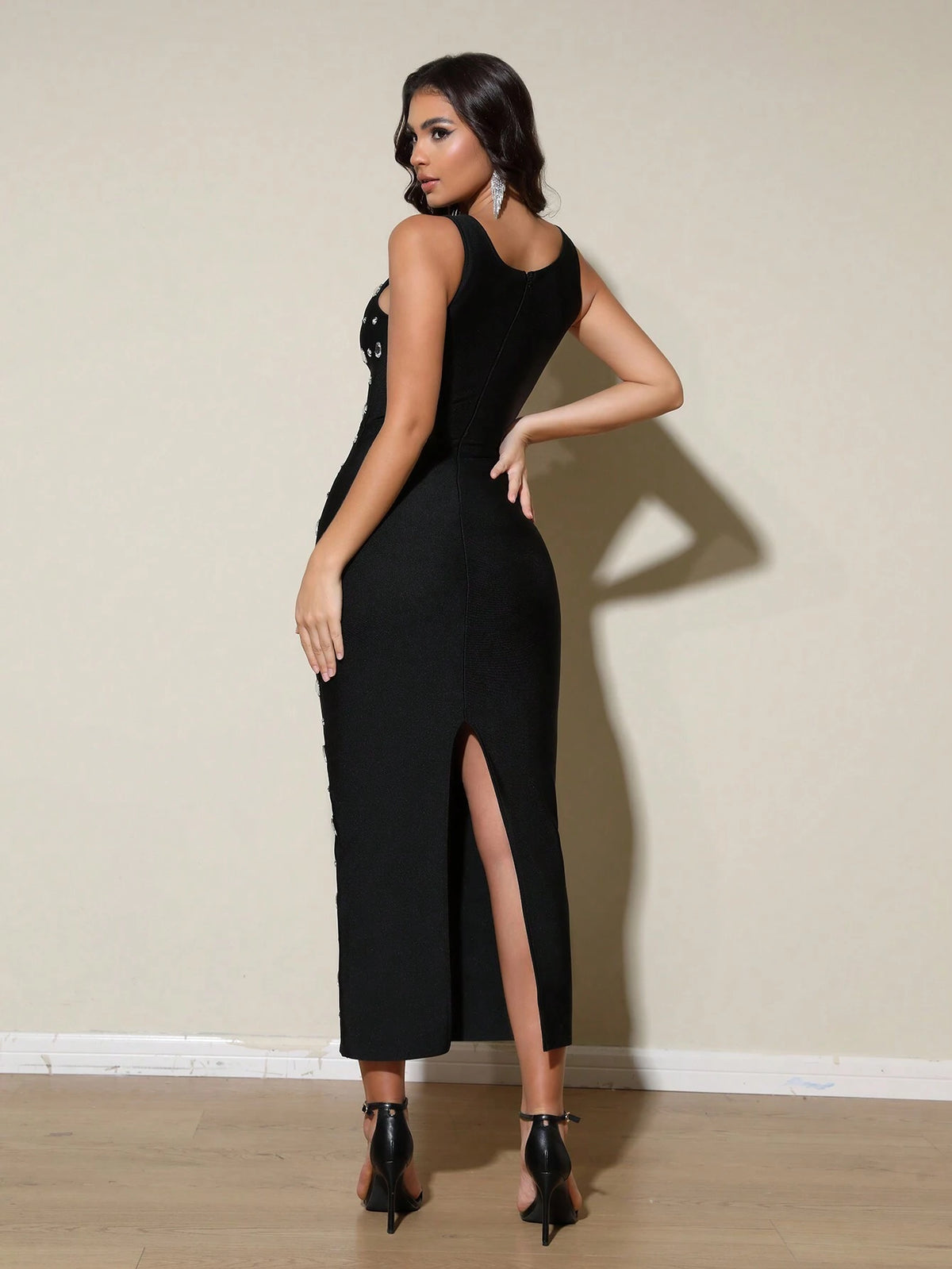 2024 New Design Handmade Rhinestone Acrylic Spaghetti Strap Split Hem Formal Party Cocktail Gown, Celebrity Style