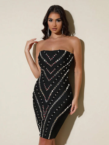 2024 New Elegant Women Evening Dress, Sleeveless Backless Beaded Black Bandage Party Gown For Banquet