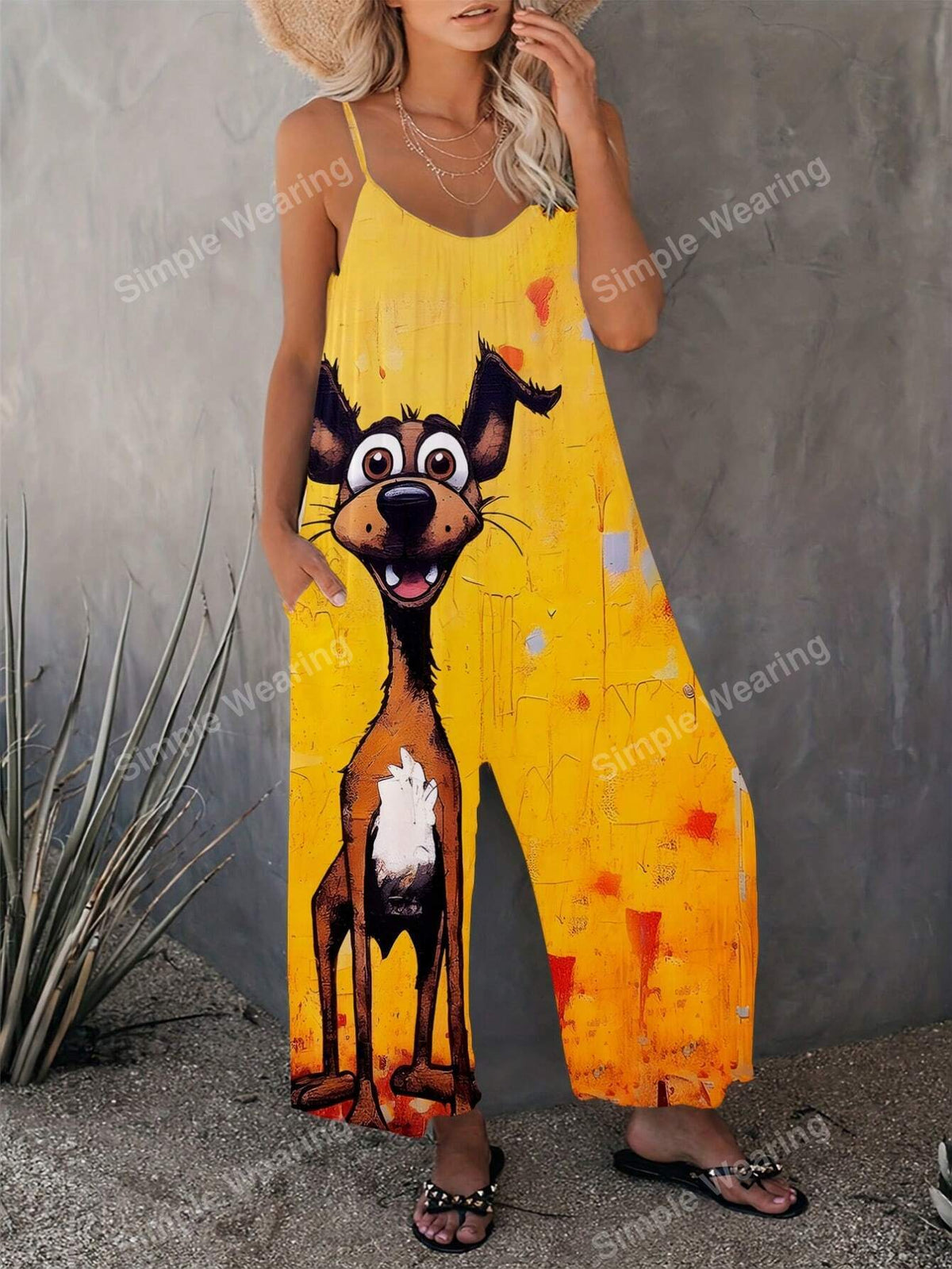 2024 New European And American Style Cartoon Dog Printed Pocketed Wide Leg Jumpsuit With Adjustable Straps