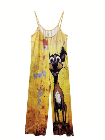 2024 New European And American Style Cartoon Dog Printed Pocketed Wide Leg Jumpsuit With Adjustable Straps