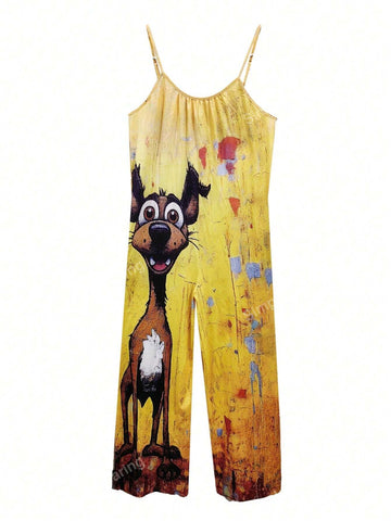 2024 New European And American Style Cartoon Dog Printed Pocketed Wide Leg Jumpsuit With Adjustable Straps
