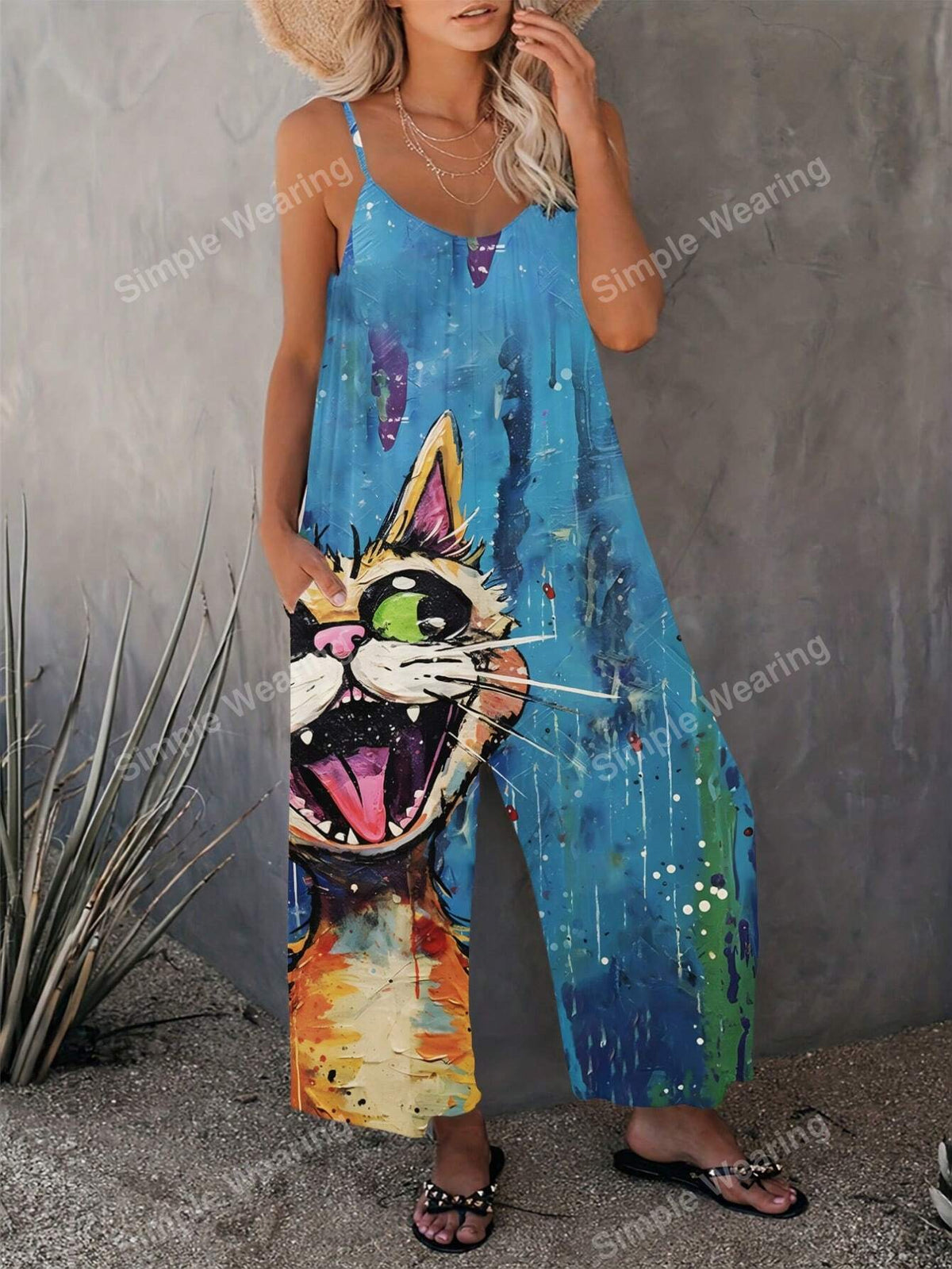 2024 New European And American Style Cartoon Oil Painting Printed Cats Design Jumpsuit With Wide-Leg Trousers And Pocket
