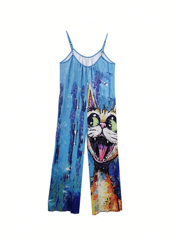 2024 New European And American Style Cartoon Oil Painting Printed Cats Design Jumpsuit With Wide-Leg Trousers And Pocket