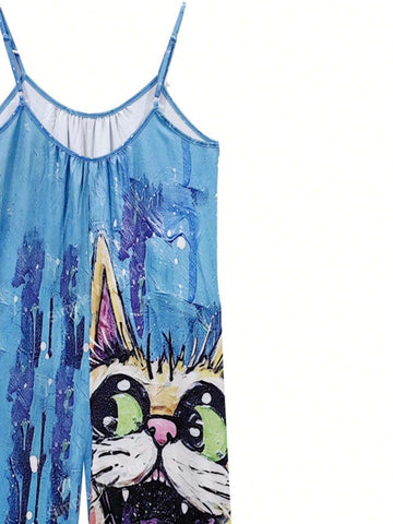 2024 New European And American Style Cartoon Oil Painting Printed Cats Design Jumpsuit With Wide-Leg Trousers And Pocket
