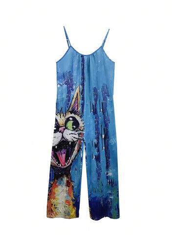 2024 New European And American Style Cartoon Oil Painting Printed Cats Design Jumpsuit With Wide-Leg Trousers And Pocket