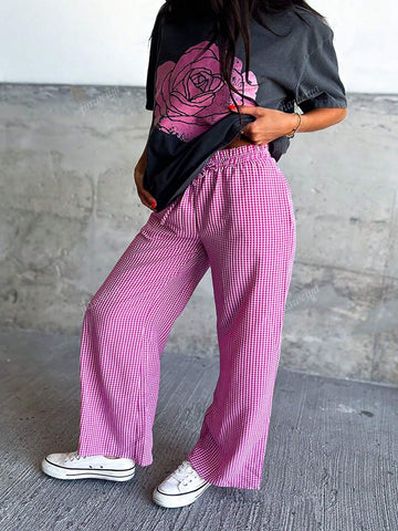 New European And American Style Women Plaid Printed Faux Drawstring Wide Leg Casual Pants, Pink
