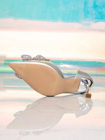 2024 New Fashion Silver Rhinestone Bow Pointed Toe High Heels Sandals For Women