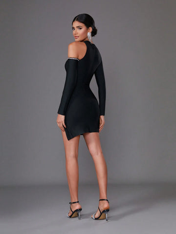 2024 New Fashion Women's Sexy Long Sleeve Bodycon Dress With Rhinestone Embellishments, Mesh V-Neck And Slit, For Cocktail Party And Banquet