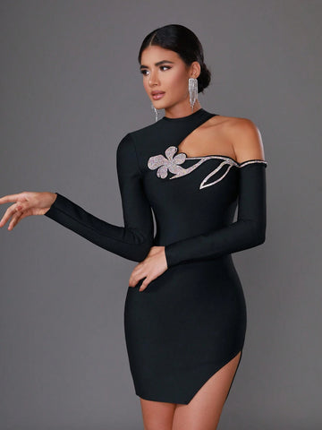 2024 New Fashion Women's Sexy Long Sleeve Bodycon Dress With Rhinestone Embellishments, Mesh V-Neck And Slit, For Cocktail Party And Banquet