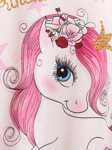 2024 New Girls Casual Cute Cartoon Unicorn & Star Random Print Long Sleeve Dress, Autumn