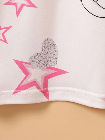 2024 New Girls Casual Cute Cartoon Unicorn & Star Random Print Long Sleeve Dress, Autumn