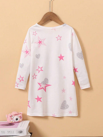 2024 New Girls Casual Cute Cartoon Unicorn & Star Random Print Long Sleeve Dress, Autumn