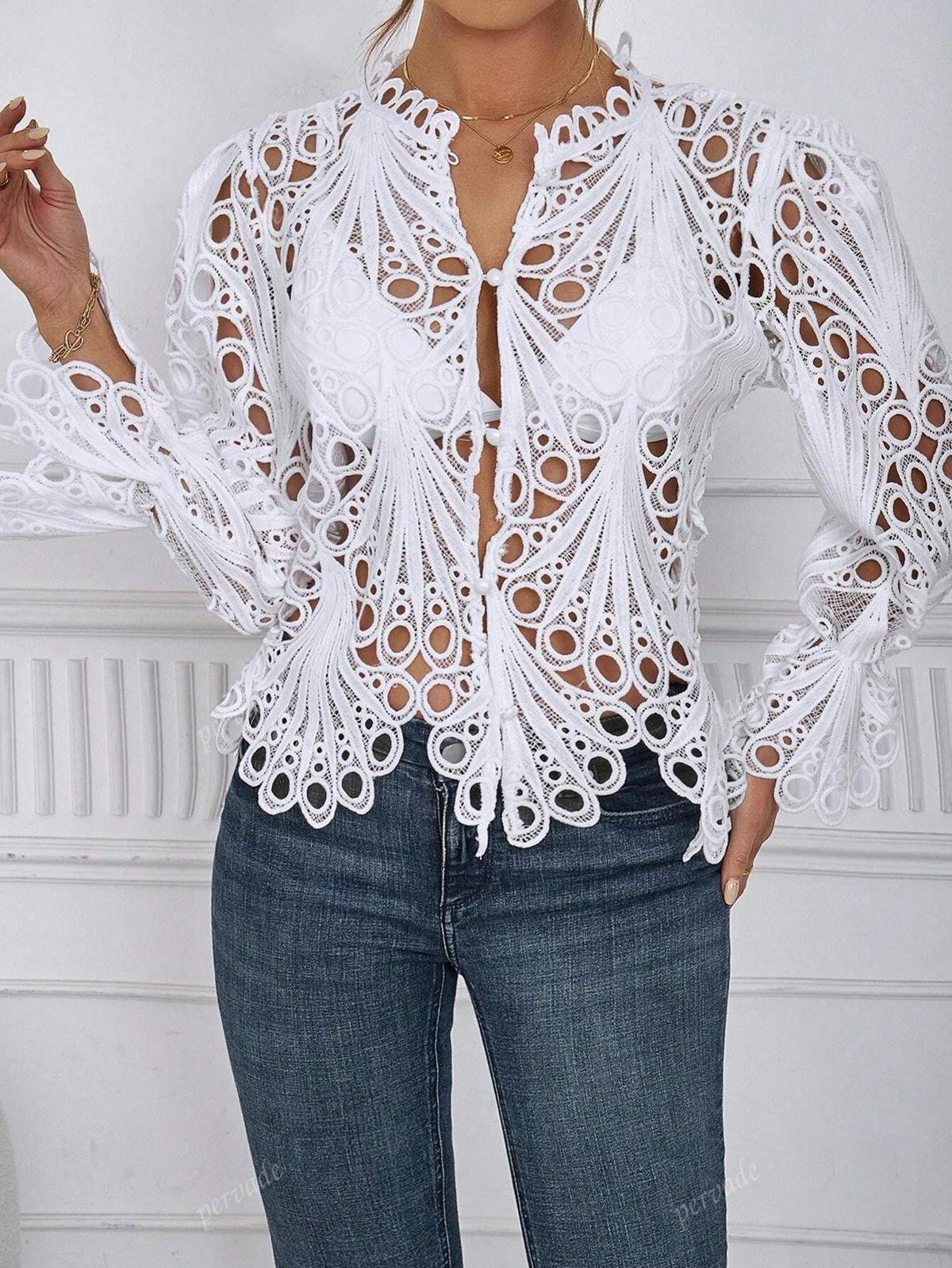 Hollow Out Bell Sleeve Blouse - Sexy Perforated Breathable Night Club Shirt