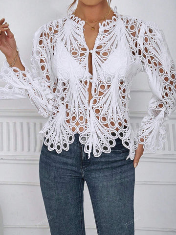Hollow Out Bell Sleeve Blouse - Sexy Perforated Breathable Night Club Shirt