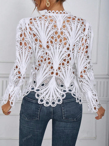 Hollow Out Bell Sleeve Blouse - Sexy Perforated Breathable Night Club Shirt