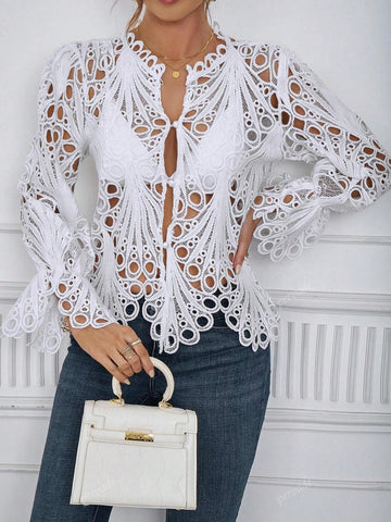 Hollow Out Bell Sleeve Blouse - Sexy Perforated Breathable Night Club Shirt