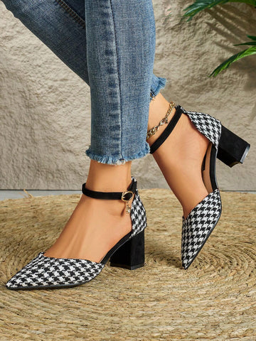2024 New Houndstooth Pattern Thick Heel High Heels Women, One-Strap Hollow Pointed Toe Shoes