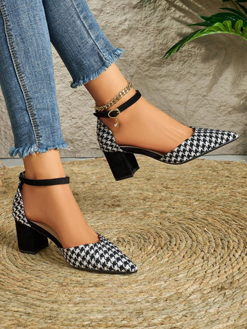 2024 New Houndstooth Pattern Thick Heel High Heels Women, One-Strap Hollow Pointed Toe Shoes