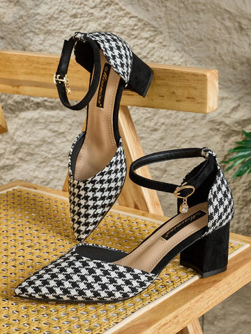 2024 New Houndstooth Pattern Thick Heel High Heels Women, One-Strap Hollow Pointed Toe Shoes