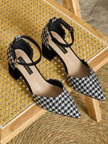 2024 New Houndstooth Pattern Thick Heel High Heels Women, One-Strap Hollow Pointed Toe Shoes