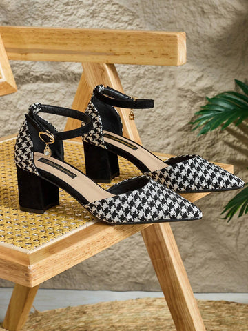 2024 New Houndstooth Pattern Thick Heel High Heels Women, One-Strap Hollow Pointed Toe Shoes