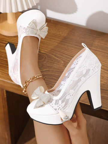 2024 New Ladies Round Toe Chunky Heel White High Heel Shoes, Goddess Style, Waterproof Platform, Mesh With Rhinestone Bow, For Spring Autumn